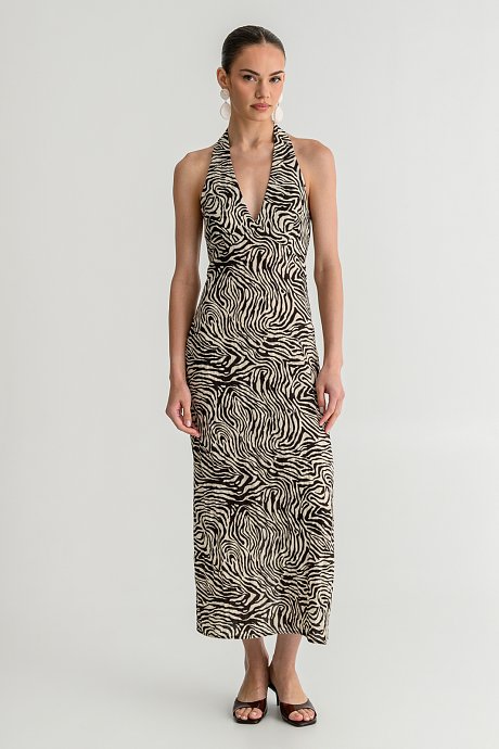 Midi rustic halter dress with slit detail and zebra print