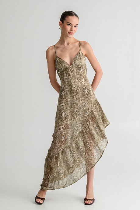 Midi dress with snake print and asymmetric hem