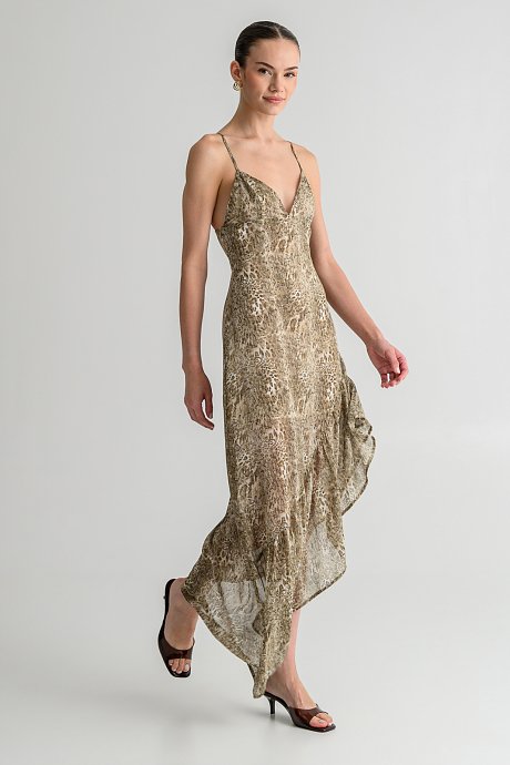 Midi dress with snake print and asymmetric hem