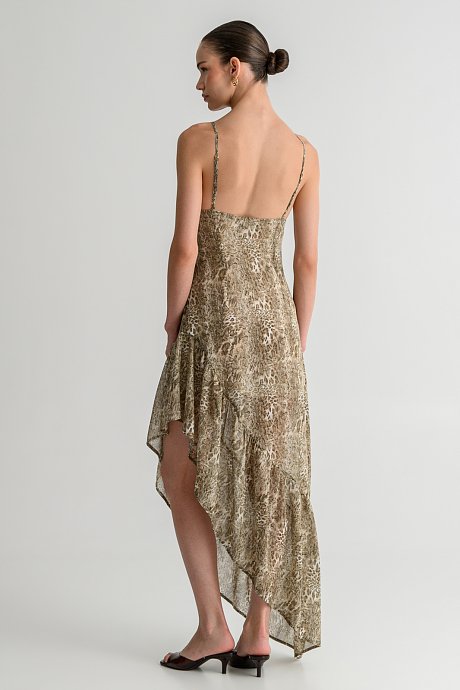 Midi dress with snake print and asymmetric hem