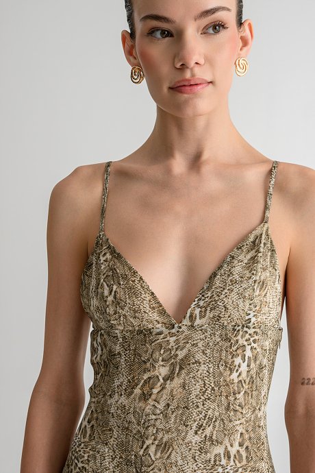 Midi dress with snake print and asymmetric hem