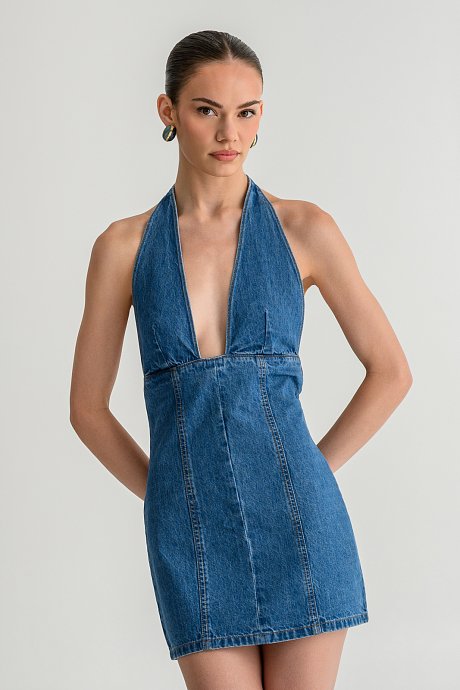 Μίνι ντένιμ halter φόρεμα