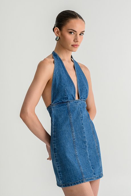 Μίνι ντένιμ halter φόρεμα