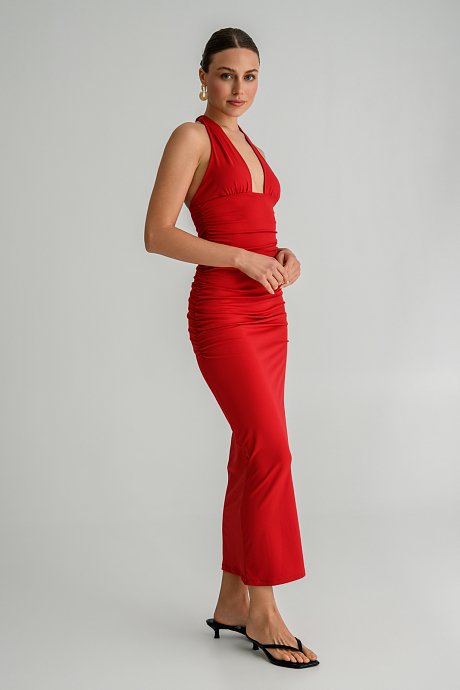 Maxi λύκρα halter φόρεμα με σούρες