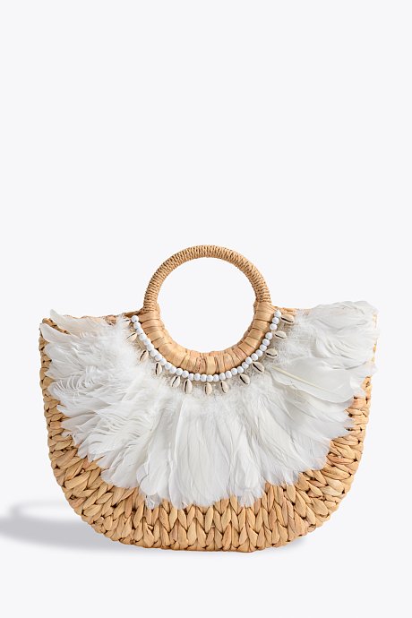 Woven straw handbag with feathers and round handle