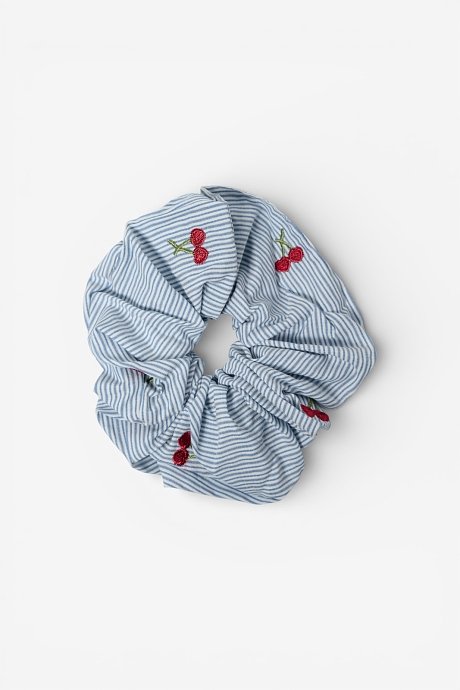Scrunchie λαστιχάκι μαλλιών με ρίγες και print κεράσια