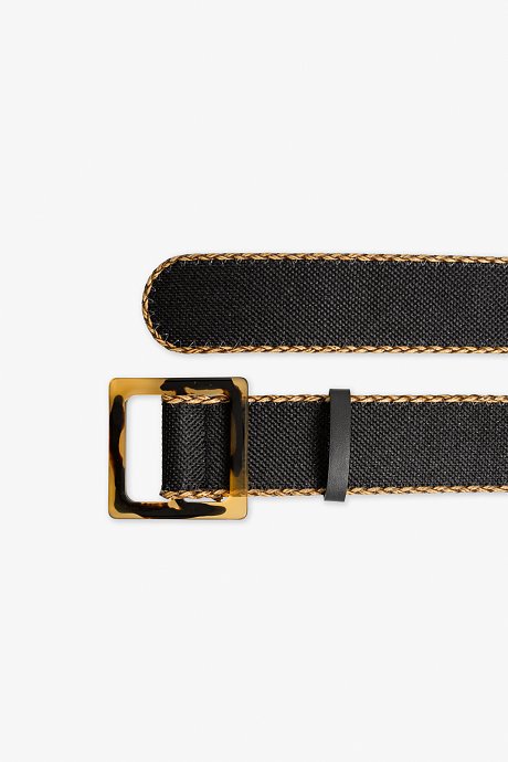 Wide black belt with square tortoiseshell buckle