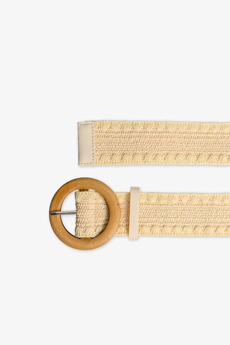 Beige stretch straw belt with round buckle