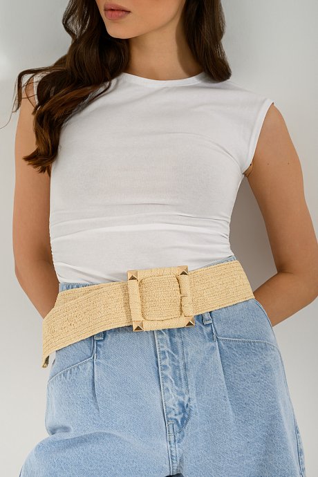 Beige stretch straw belt with square buckle