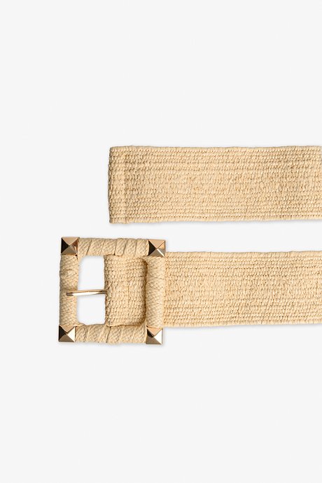 Beige stretch straw belt with square buckle
