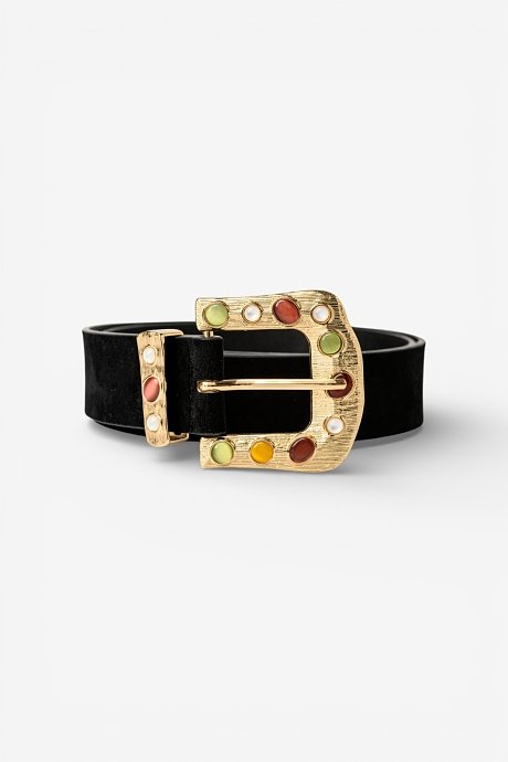 Black belt with multicolor gemstone details on the buckle