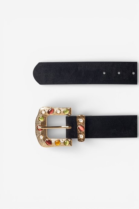 Black belt with multicolor gemstone details on the buckle