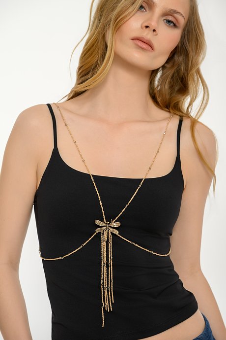 Metallic body chain necklace with dragonfly