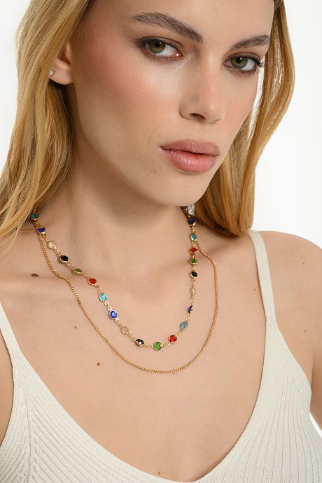 Double chain necklace with multicolored strass