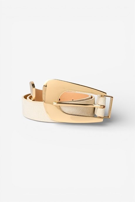 Beige faux leather belt with golden tone buckle