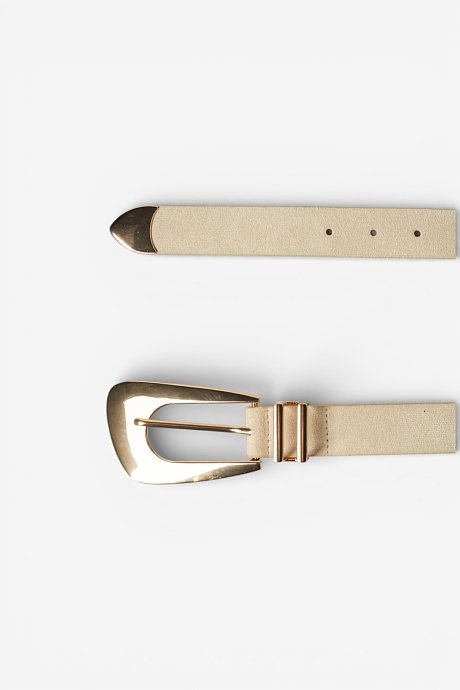 Beige faux leather belt with golden tone buckle