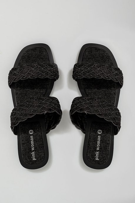 Slide sandals with denim braided straps