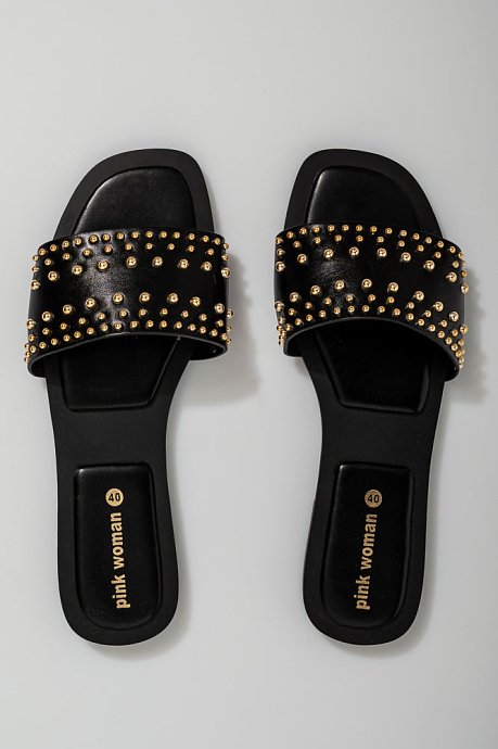Leather effect slide sandals with studs